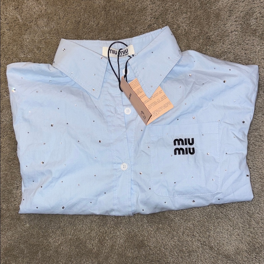 Miu Miu Rhinestone Sky Blue Button Down Shirt